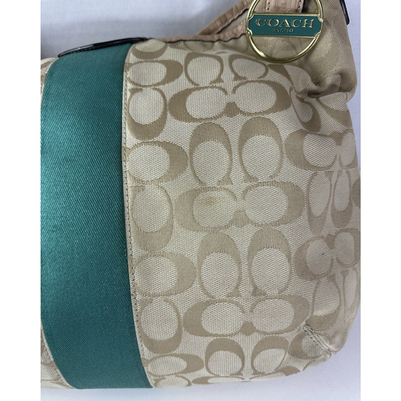 COACH Convertible Hobo Shoulder Bag Crossbody Tan Green Stripe Purse F29941 - Picture 14 of 16